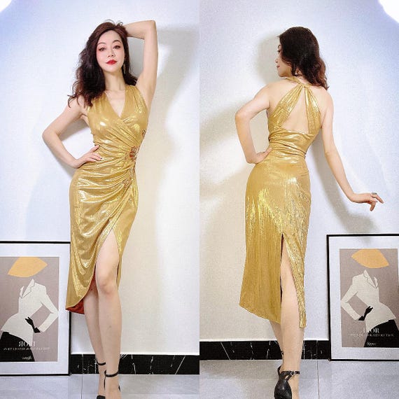 Golden Era Halter V-Neck Sequin Embroidered Tango Dress
