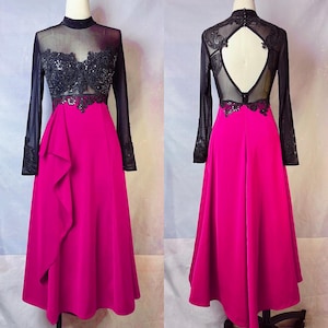 May include: A long, pink dress with a black lace overlay and a sheer bodice. The dress has a fitted bodice and a flowing skirt.