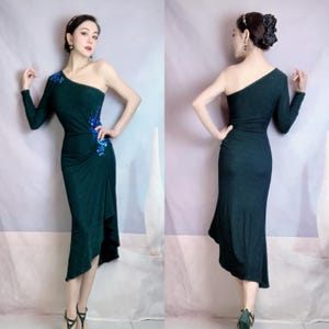 One-Shoulder Asymmetric Shimmering Embroidered Tango Dress