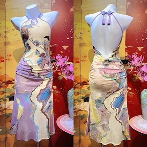 New Chinese Style Printed Mesh Backless Mermaid Tango Dress