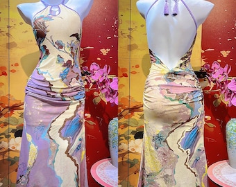 New Chinese Style Printed Mesh Backless Mermaid Tango Dress