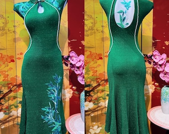 Emerald Grace – Green Beaded Embroidered Qipao-Inspired Mermaid Tango Dress