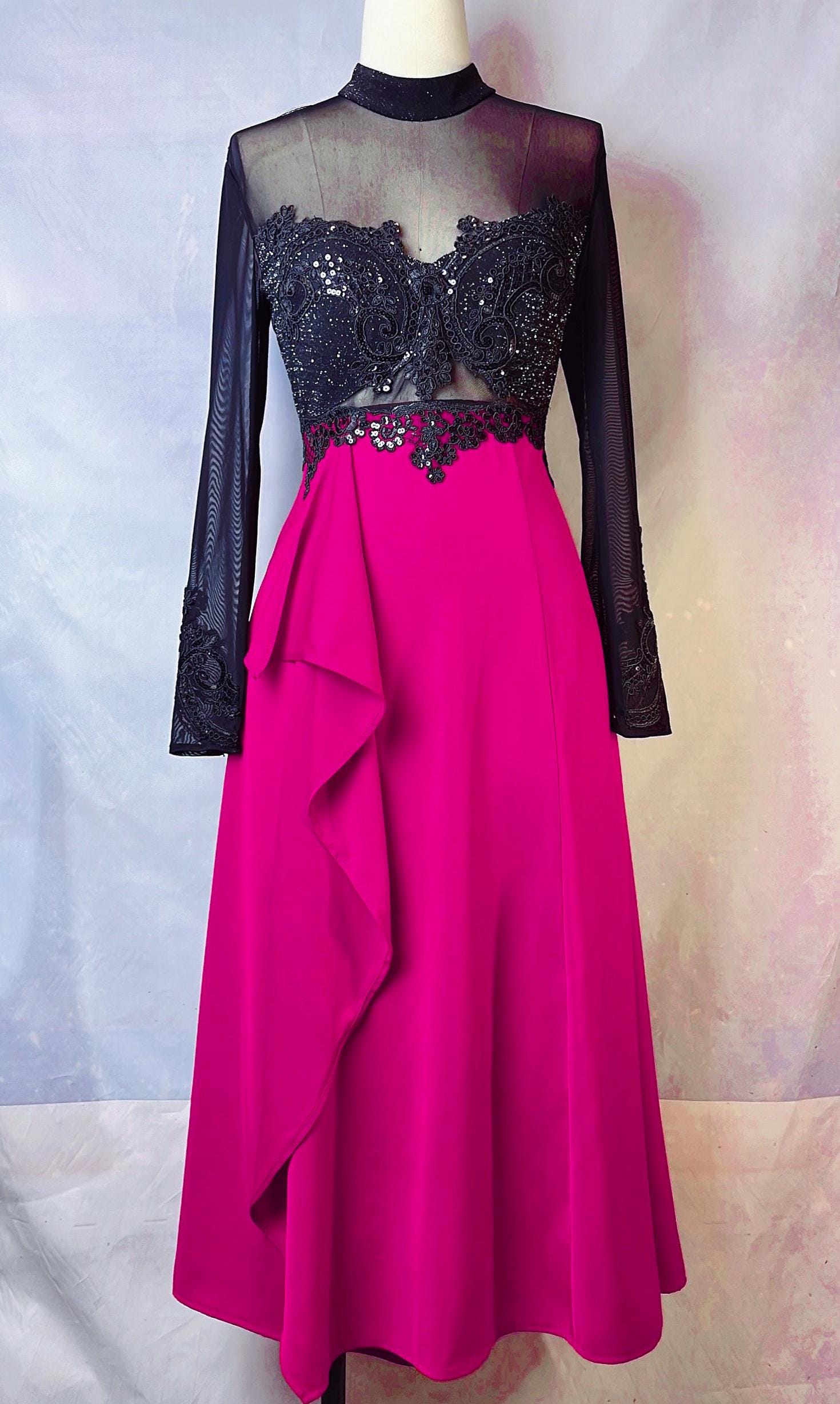 High-Neck Long-Sleeve Tango Dress - Flowing Skirt with Intricate Sequin Floral Embroidery