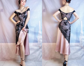 New Chinese Style Off-Shoulder Sequin Embroidered Tango Dance Dress
