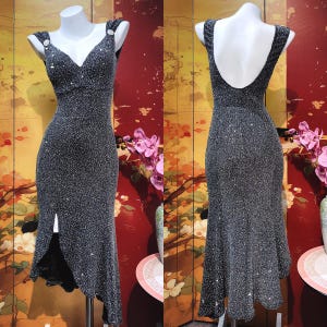 Silver Rhinestone Asymmetric Backless Mermaid Tango Dress – Elegant Sparkle for Performance & Milonga
