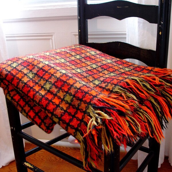 RESERVED for Tania - Plaid Pendleton Blanket -  Vintage Wool Throw with Fringe - Red Black Orange Olive Plaid