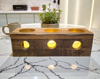 Handcrafted Square 3 Tea Light Candle Holder with LED Tea Lights Rustic