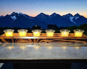 Handcrafted Wooden 6 Tea Light Candle Holder with Votives and LED tea lights