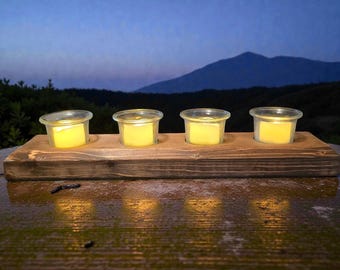Handcrafted 4 Tea Light Candle Holder with Votives and LED Tea Lights Rustic