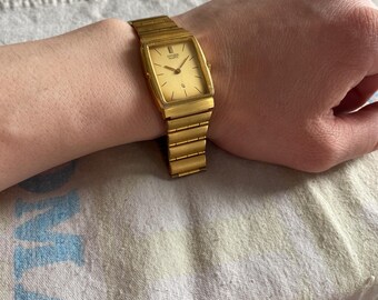 Montre Vintage Citizen CTZ 6492 Pour Femme - Or & Cuir Noir, Années 80, Neuve