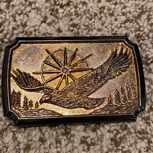 Vintage Soaring Eagle over Sunrise Valley Silver & Gold toned Belt Buckle with Jewel