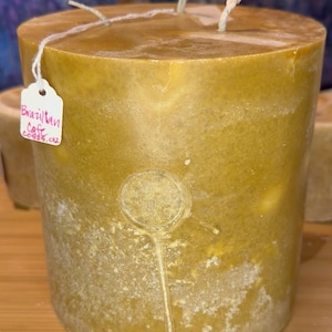 5.75&quot; Extra Wide x 6.2&quot; Tall, 3 Wick Round Pillar: White in Gold Colored Filling; Brazillian Coffee Scented Pillar Candle-Item# C0525.0012