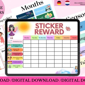 May include: A printable sticker reward chart with a colorful design. The chart has a grid with days of the week and spaces for stickers. The chart also includes a section for listing chores or tasks. The text "Sticker Reward" is in a pink and red font.