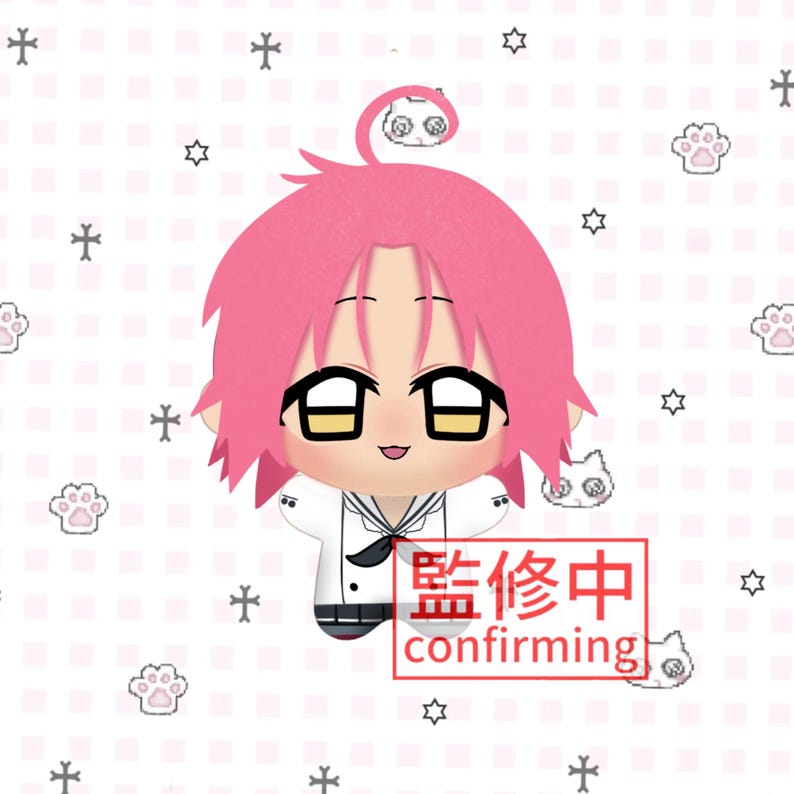 May include: A plush doll with bright pink hair, large expressive eyes, and a small mouth. The doll wears a white collared shirt with a dark necktie and dark pants. A red rectangular box contains the text 監修中 and the word confirming.