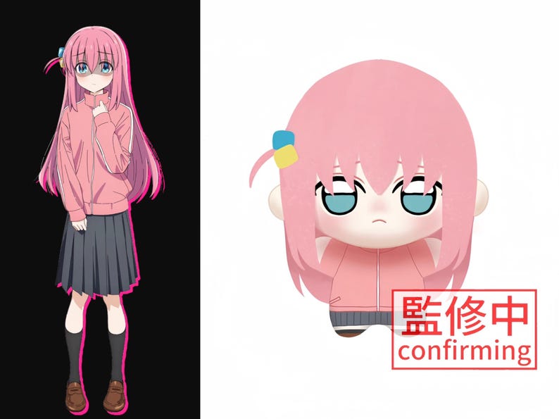 May include: A character illustration featuring a girl with long pink hair in a pink track jacket and grey skirt, alongside a plush toy version of the same character with large blue eyes, pink hair, and a red box containing the text 監修中 confirming.