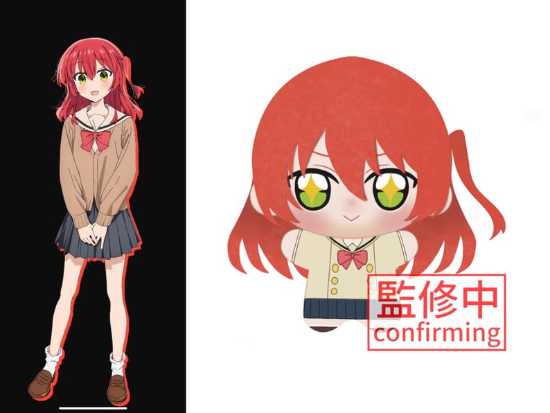 May include: A plush toy featuring a character with bright red hair, large green eyes, a beige cardigan, a red bow, and a dark blue pleated skirt. The plush includes a red rectangular stamp with the text 監修中 and confirming in white.