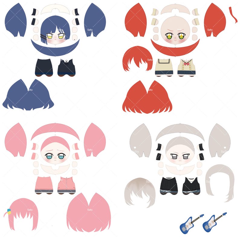 May include: A digital sewing pattern sheet for four plush dolls featuring various hair colors including dark blue, red, pink, and light gray. The layout includes head pieces, facial features with distinct eye designs, clothing items, and two blue electric guitars.