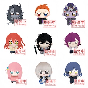 May include: A collection of nine stylized plush dolls featuring diverse characters with distinct hair colors, outfits, and facial expressions. Each plush is marked with a red rectangular stamp containing the text 監修中 and confirming.