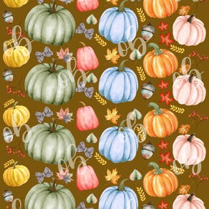 May include: A seamless pattern featuring various pumpkins in shades of green, blue, orange, pink, and white. The pumpkins are arranged in rows on a brown background with autumnal accents like leaves, acorns, and berries.