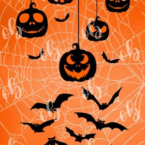May include: An orange Halloween-themed background featuring black jack-o'-lanterns, bats, and a spider web design. The jack-o'-lanterns are suspended from black strings. The bats are in various positions. The spider web is white.