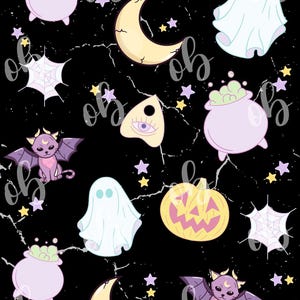 May include: A repeating pattern on a black background featuring Halloween-themed illustrations. The design includes a purple cat with bat wings, a jack-o'-lantern, a ghost, a crescent moon, a cauldron, a spider web, stars, and a planchette.