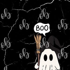 May include: A cartoon ghost illustration on a black background with white cracks. The ghost wears a black witch hat and holds a broom and a jack-o'-lantern. A speech bubble says "BOO".