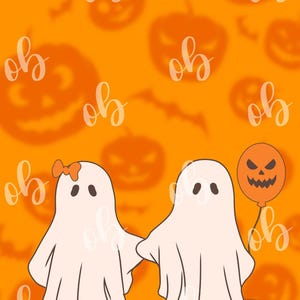 May include: A Halloween illustration of two cartoon ghosts holding hands, set against an orange backdrop with jack-o'-lanterns and bats. One ghost has a bow, the other holds a jack-o'-lantern balloon. The background has the word "oh" repeated.