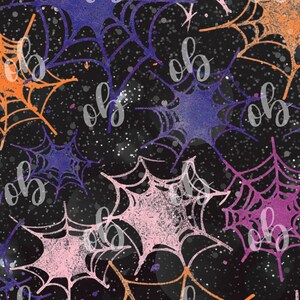 May include: A repeating pattern of spiderwebs in shades of pink, purple, orange, and blue against a black background. The webs are detailed with a glittery effect, and the design has a Halloween theme.