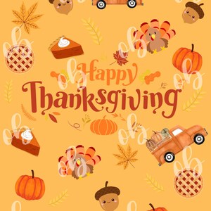 May include: A yellow background with a Thanksgiving theme. The image features a variety of Thanksgiving icons, including turkeys, pumpkins, pie, acorns, and trucks. The text "Happy Thanksgiving" is written in brown letters.