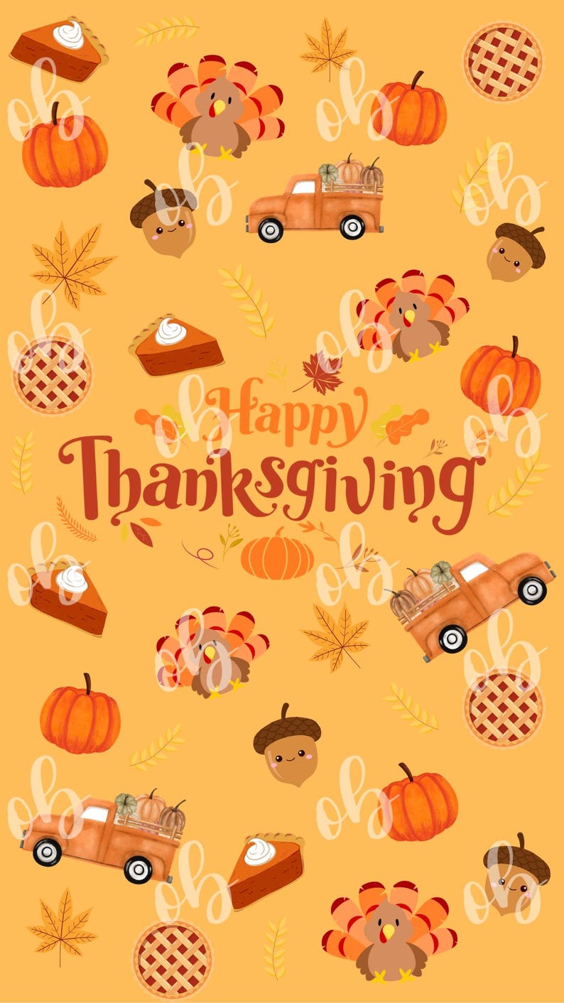 May include: A yellow background with a Thanksgiving theme. The image features a variety of Thanksgiving icons, including turkeys, pumpkins, pie, acorns, and trucks. The text "Happy Thanksgiving" is written in brown letters.