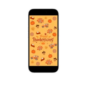 May include: A smartphone screen displaying a Thanksgiving-themed wallpaper with a pattern of turkeys, pumpkins, pie, and trucks. The text "Happy Thanksgiving" is displayed in the center of the screen.