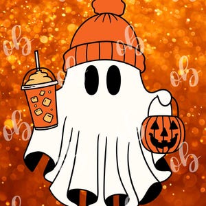 May include: A cartoon ghost wearing an orange beanie, holding a pumpkin-shaped candy bucket and a drink with ice cubes. The ghost is white with black eyes and a flowing sheet. The background is orange with bokeh.