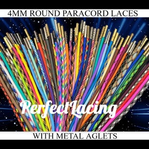 May include: A collection of 4mm round paracord laces with metal aglets in various colours and patterns. The text "Perfect Lacing" is visible in the centre of the image.