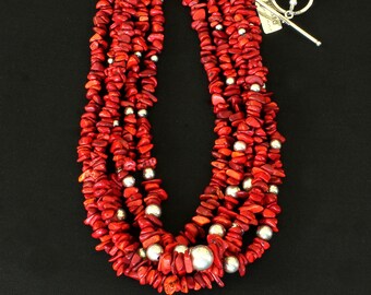 Triple Strand Red Coral and Silver pewter Beads with Custom Clasp