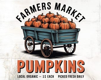 Farmers Market PNG: Retro Fall Design, Pumpkins Cart (Digital Download),Autumn graphic Png | Farm fresh pumpkins Png | Pumpkins cart png