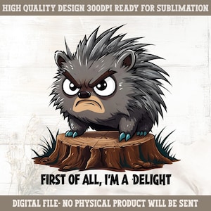 First of all i&#39;m a Delight Png, Delight Porcupine PNG, Cute Wildlife Clipart, Porcupine Shirt Design, Digital Download Sublimation Art