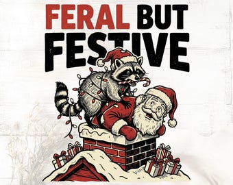 Feral Festive Raccoon Christmas PNG – Funny Holiday Graphic (Digital Download)
