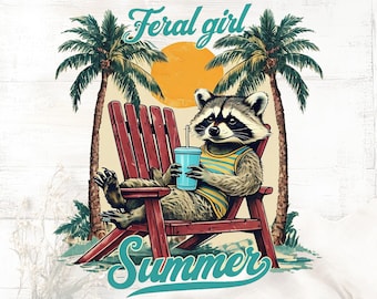 Mapache de verano en la playa PNG: Divertido arte retro de animales (Descarga digital)