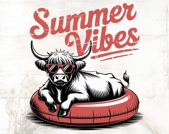 Estampa retrô de vaca das Terras Altas com vibe de verão: Gráfico de praia (Download digital), estampa para camiseta de verão, desenho de vaca das Terras Altas, PNG de vibe de verão