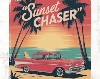 Retro Sunset Beach PNG: Vintage Car & Palm Tree Clipart (Digital Download