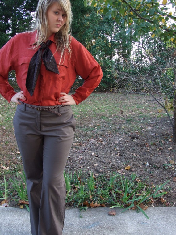 Vintage Burnt Orange Silk Blouse with Patterned As