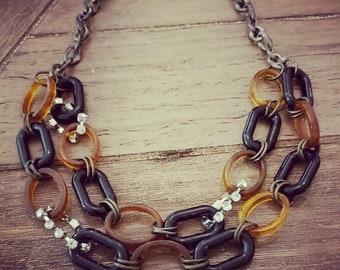 Tortoise shell acrylic link chain necklace with rhinestones