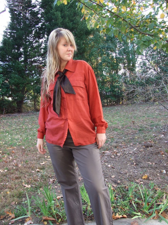 Vintage Burnt Orange Silk Blouse with Patterned A… - image 2