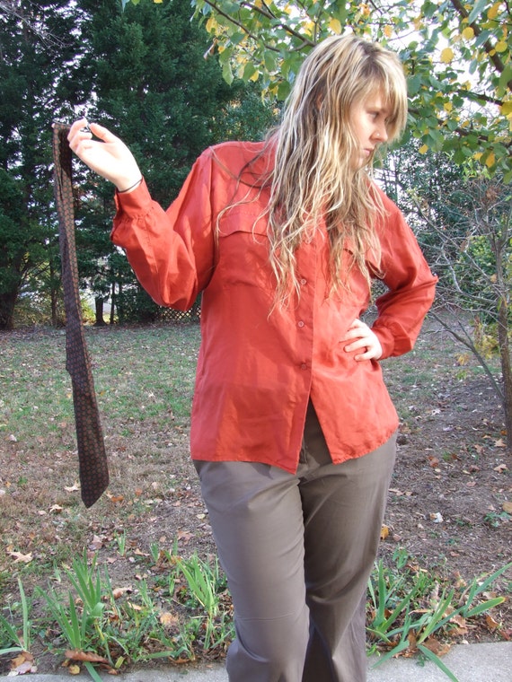 Vintage Burnt Orange Silk Blouse with Patterned A… - image 3