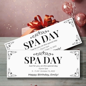 May include: Two white spa day gift certificates with black text and decorative corner designs. The text reads "SPA DAY" and includes details for Elysia Spa, a date, and a birthday message. A gift box with a red bow is in the background.