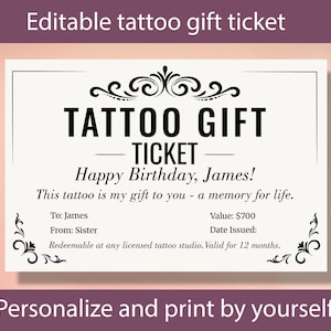 Certificado de tatuaje editable: certificado de tatuaje personalizado, cupón de regalo de tatuaje imprimible para cumpleaños número 18 o 21