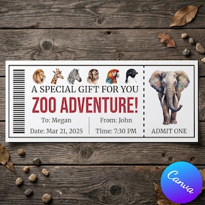 Op de afbeelding: Een wit zooticket met de tekst "A SPECIAL GIFT FOR YOU ZOO ADVENTURE!" en illustraties van een leeuw, giraffe, zebra, aap, papegaai, pinguïn en olifant. Het ticket is gepersonaliseerd voor Megan en John.