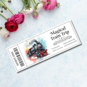 Könnte beinhalten: Ein weißes Ticket mit dem Text "Magical Train Trip" und einer Aquarellillustration eines Zuges. Das Ticket trägt die Aufschrift "Admit One" und enthält das Ziel "Paris" und das Datum "14.11.2026".