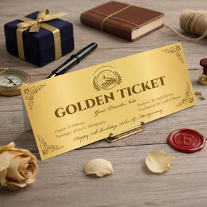 Puede incluir: Un billete dorado con las palabras "GOLDEN TICKET" y otro texto, incluyendo "Happy 50th Birthday Arthur G. Montgomery". El billete está sobre una superficie de madera con un bolígrafo, una pequeña caja, un reloj de bolsillo y otros elementos decorativos.