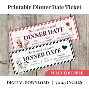 May include: Printable dinner date tickets with a red and black design. The tickets include the text "Dinner Date", date, time, and location. The tickets are 17.78 x 6.35 cm.
